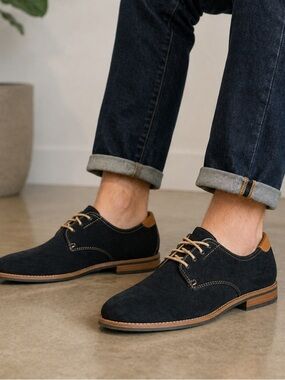 Steve Madden Navy Suede Derby Shoes Mens 8 Tan Lace Dress Casual Preppy Oxford